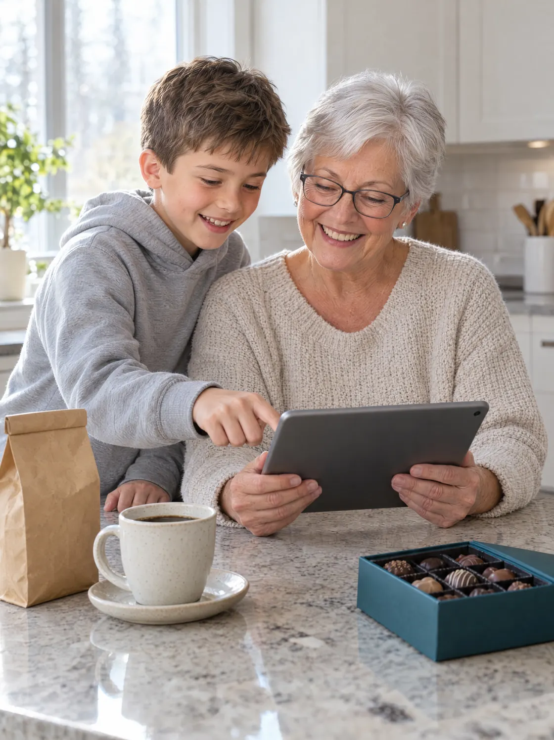 A boy shows his grandmother a fundraiser on a tablet, next to a bag of local coffee