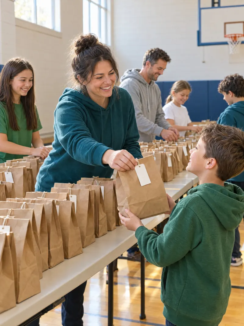 Volunteers sort bagged fundraiser orders on pickup day in a school gym